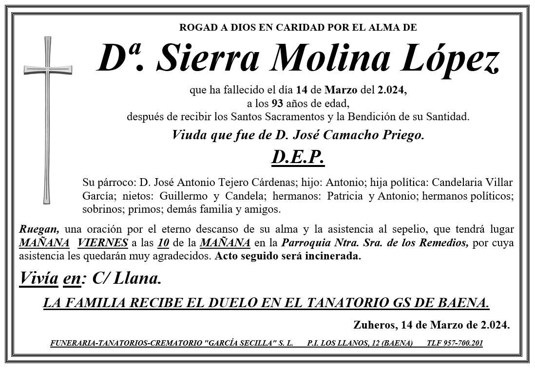 SEPELIO DE Dª SIERRA MOLINA LOPEZ