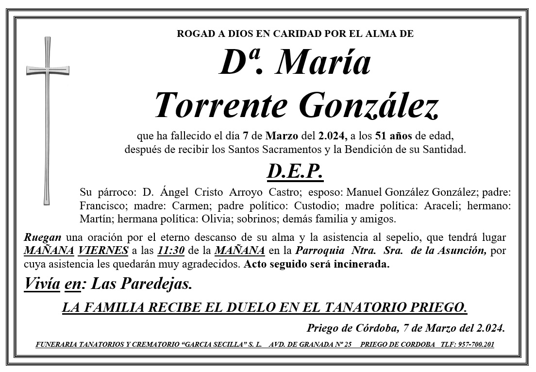 SEPELIO DE Dª MARÍA TORRENTE GONZÁLEZ